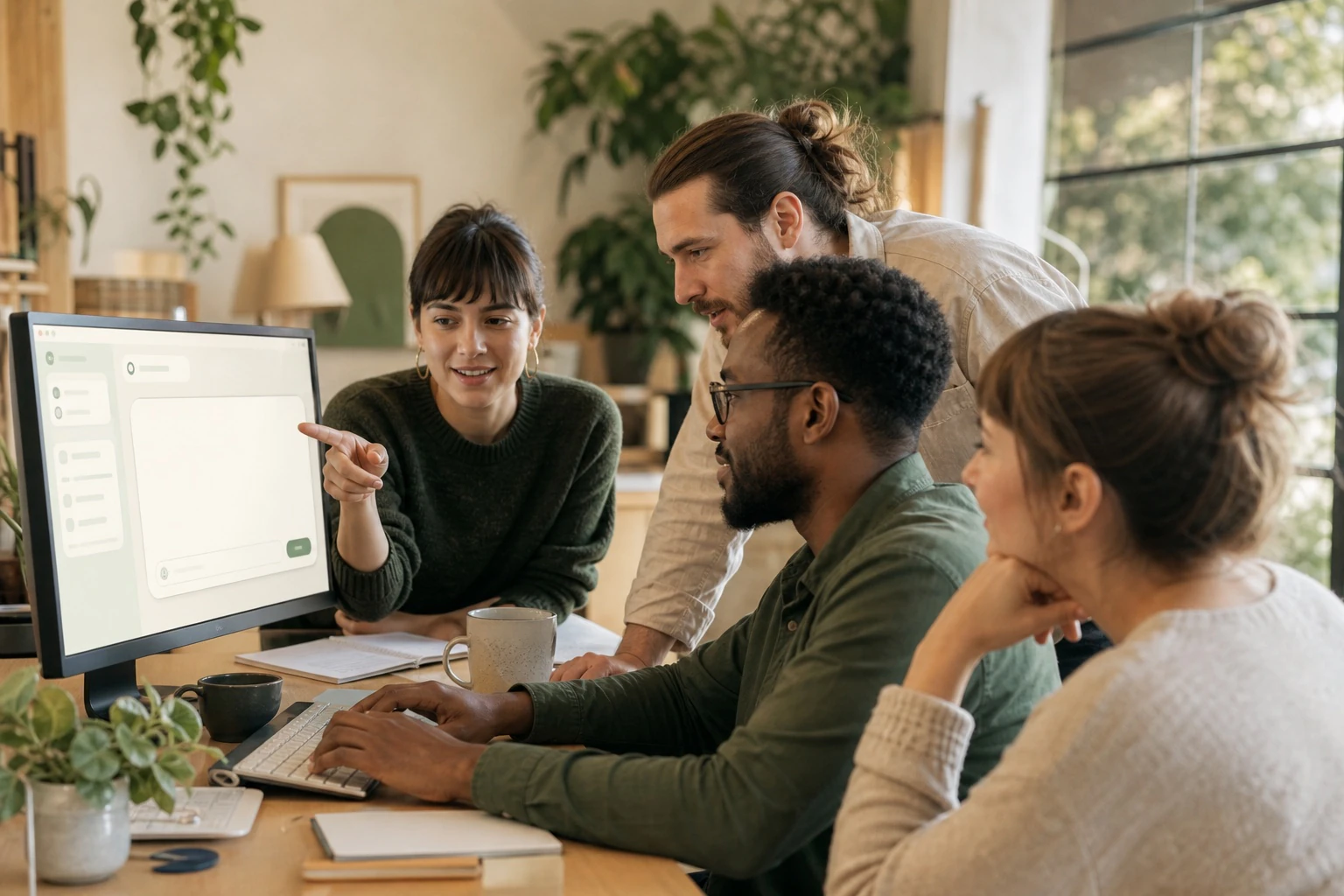 A warm, diverse team collaborating around a computer showing a Rumata-style product workspace